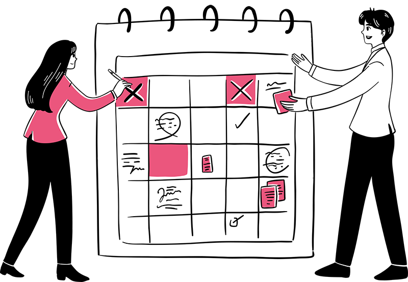 Planning Illustration of two people standing around a calendar