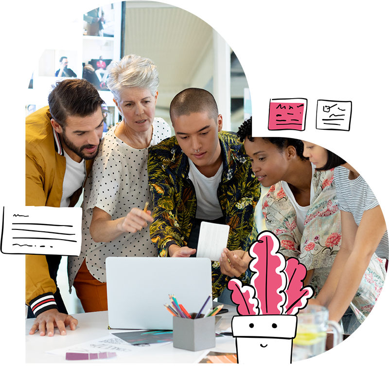 Illustration of WordPress creatives hanging around a computer